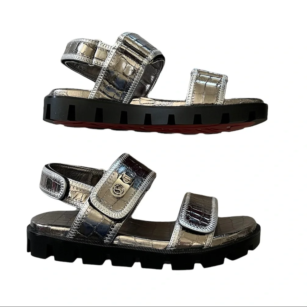 NEW Christian Louboutin Lock Cool Embossed Dad Sandals 36 Silver - Picture 2 of 12